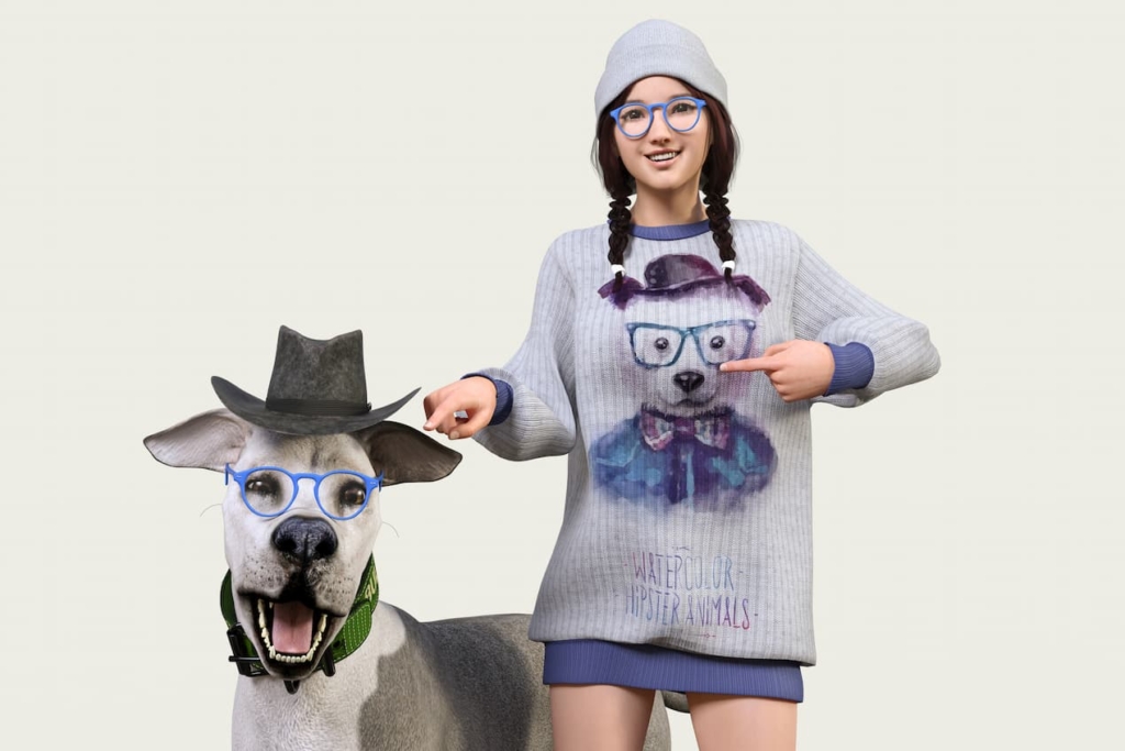 セーターにプリントした眼鏡をかけた犬と同じ格好をした本物の犬とツーショットを撮る女の子