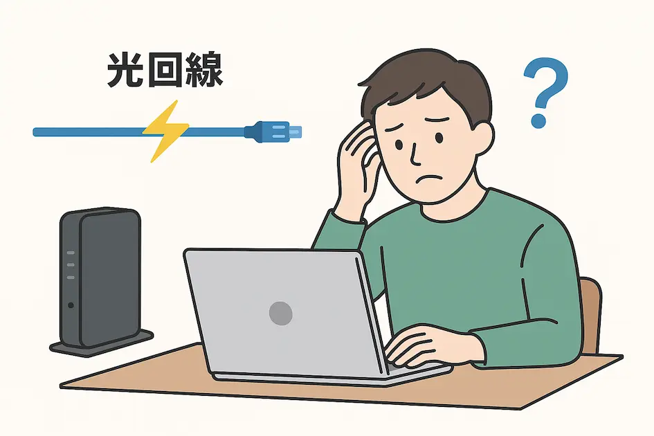 10Gbpsの光ファイバーインターネットについて考える若い男性のイラスト
