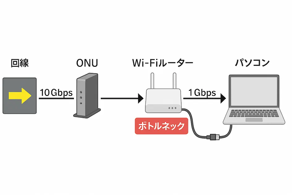 10Gbps光ファイバーインターネット設定におけるネットワークボトルネック図