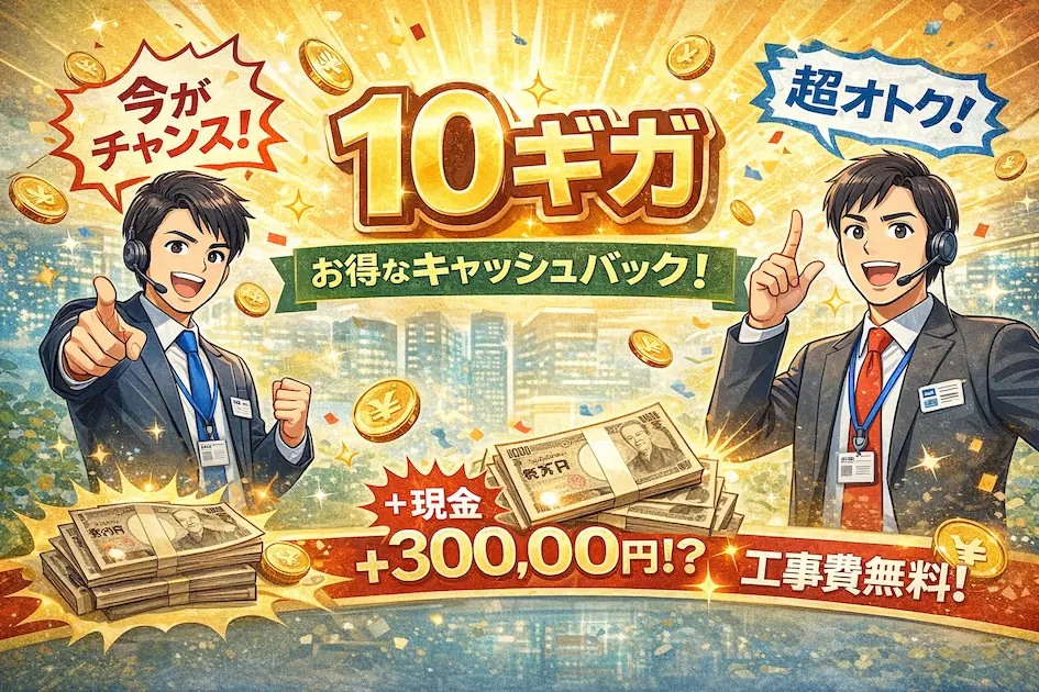 10ギガ光回線を強く売り込む通信会社の営業と、高額キャッシュバックやキャンペーンを強調するイメージイラスト