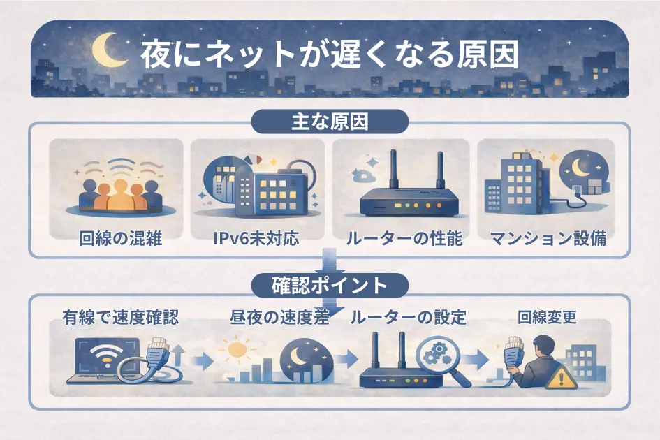 夜にネットが遅くなる原因と確認ポイントを整理した図解イラスト