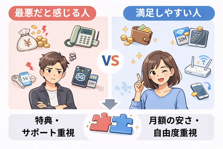 enひかりで不満になりやすい人と満足しやすい人の違いを示した比較図