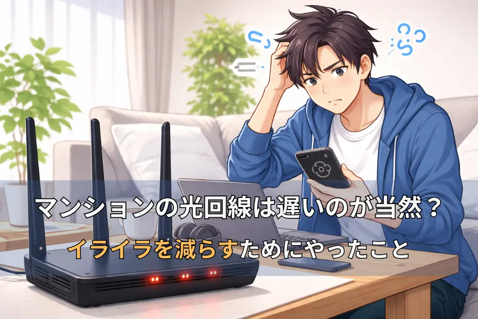 マンションの光回線が遅くて困っている男性のイラスト