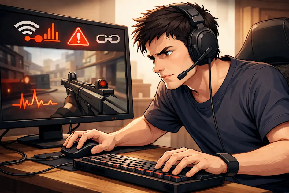 マンションの光回線が遅く、FPSゲーム中にラグが発生してイライラしているPCゲーマーのイラスト