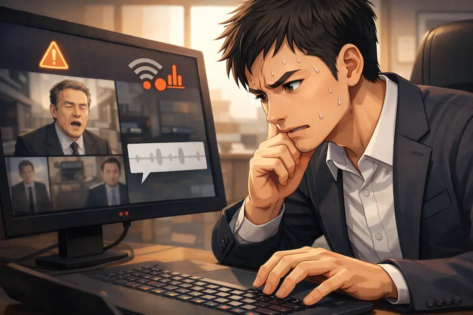 マンションの光回線が不安定でWeb会議中に画面が固まり、焦っているビジネスマンのイラスト