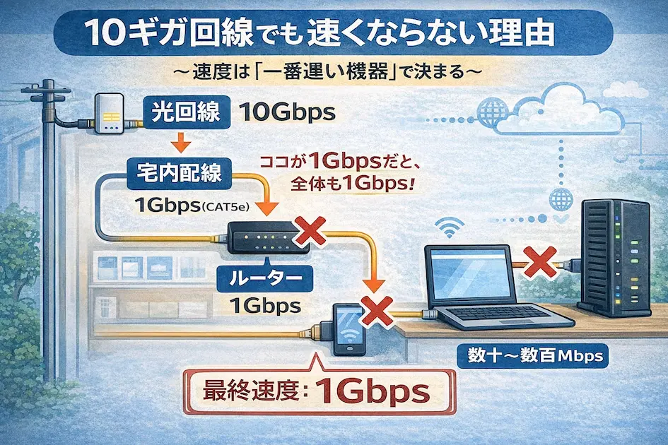 10ギガ光回線を契約しても、宅内配線・ルーター・PCが1Gbps対応だと最終速度は1Gbpsになることを示した図