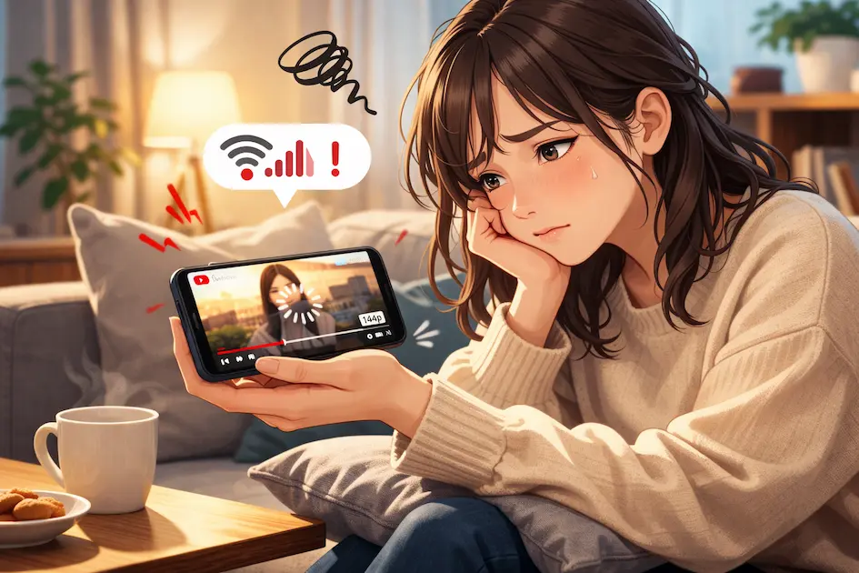マンションの光回線が遅く、スマホで動画が止まりうんざりしている女性のイラスト