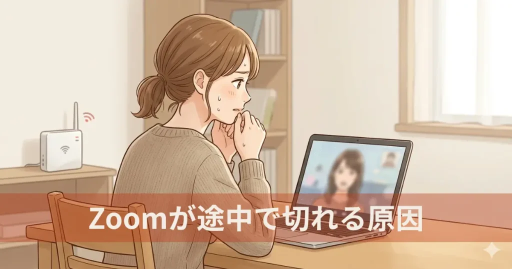 Zoom会議中に通信が不安定で困っている女性のイラスト