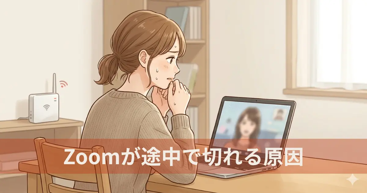 Zoom会議中に通信が不安定で困っている女性のイラスト