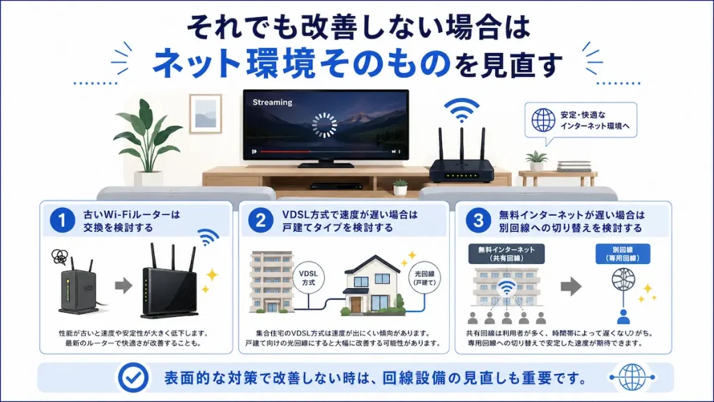 動画配信が改善しない場合に、古いWi-Fiルーターの交換、VDSL方式での戸建てタイプ検討、無料インターネットから別回線への切り替えを説明した画像