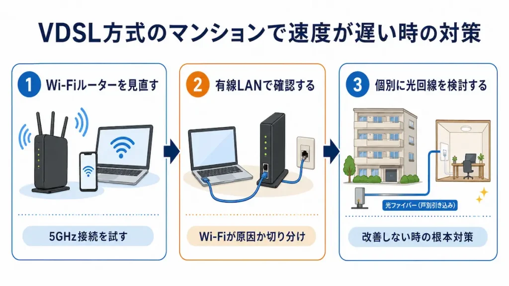 VDSL方式のマンションで速度が遅い時に、Wi-Fiルーターの見直し、有線LAN接続、個別の光回線検討という3つの対策を示したイラスト