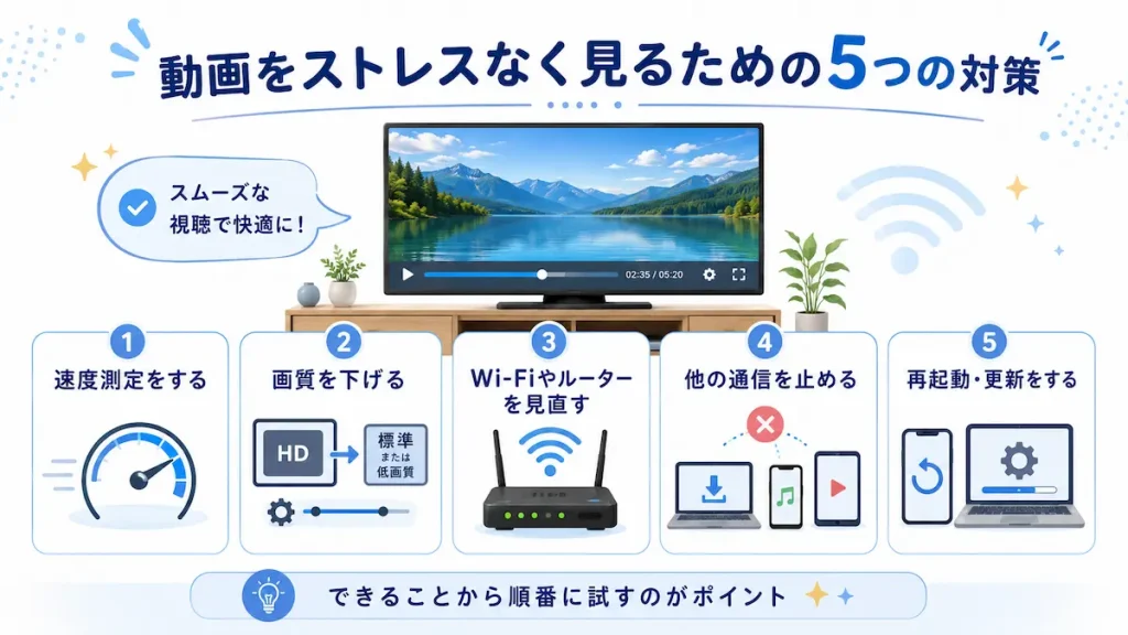 動画配信をストレスなく見るための5つの対策として、速度測定、画質変更、Wi-Fiやルーターの見直し、不要な通信の停止、再起動や更新を表した画像