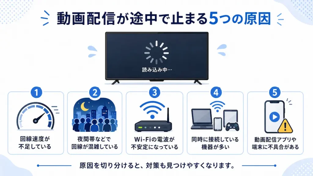 動画配信が途中で止まる5つの原因として、回線速度不足、夜間帯の混雑、Wi-Fiの不安定さ、接続機器の多さ、アプリや端末の不具合を表した画像
