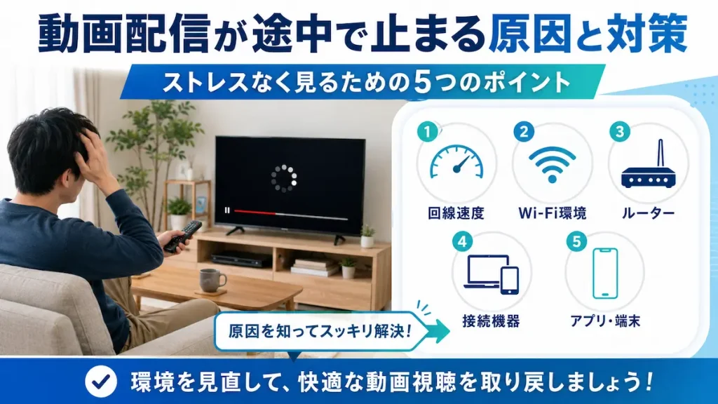 動画配信が途中で止まる原因と対策として、回線速度、Wi-Fi環境、ルーター、接続機器、アプリや端末の見直しを説明した画像
