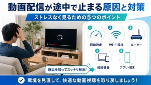 動画配信が途中で止まる原因と対策として、回線速度、Wi-Fi環境、ルーター、接続機器、アプリや端末の見直しを説明した画像