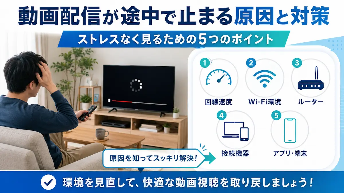 動画配信が途中で止まる原因と対策として、回線速度、Wi-Fi環境、ルーター、接続機器、アプリや端末の見直しを説明した画像