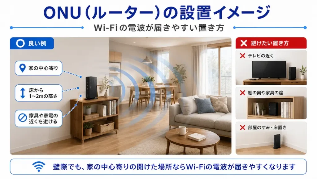 ONU（ルーター）のおすすめ設置場所と避けたい置き方を比較した画像