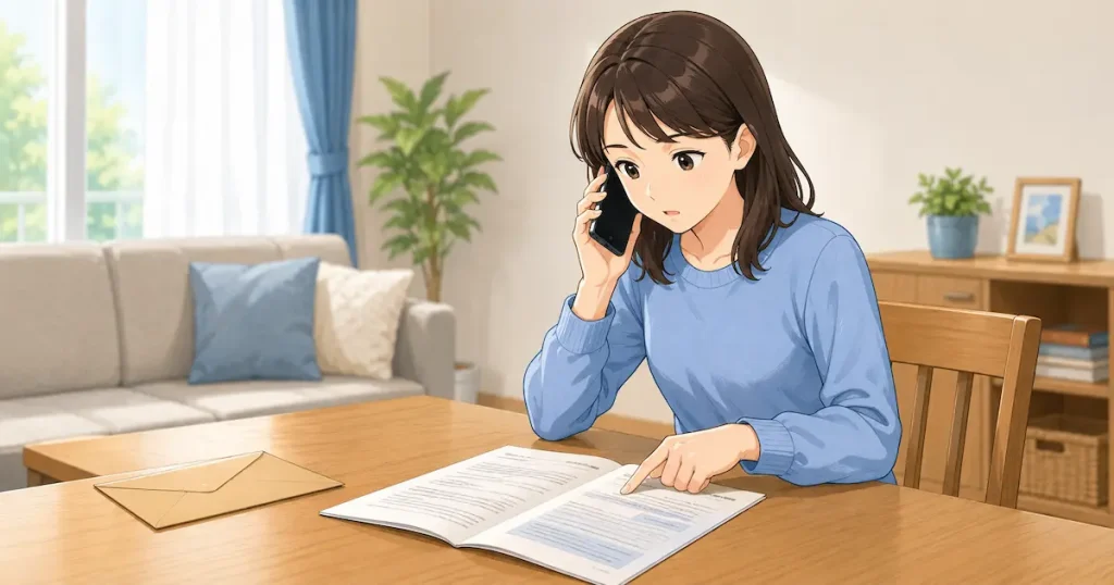 光回線の契約書を確認しながら事業者へ電話する女性