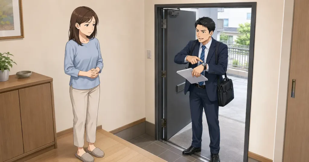 腕時計を示して光回線の契約を急かす訪問営業マン