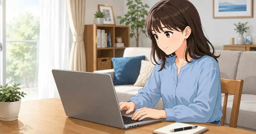 パソコンから光回線を申し込む女性