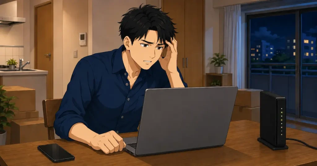 夜にインターネット無料の回線が遅くて困る男性