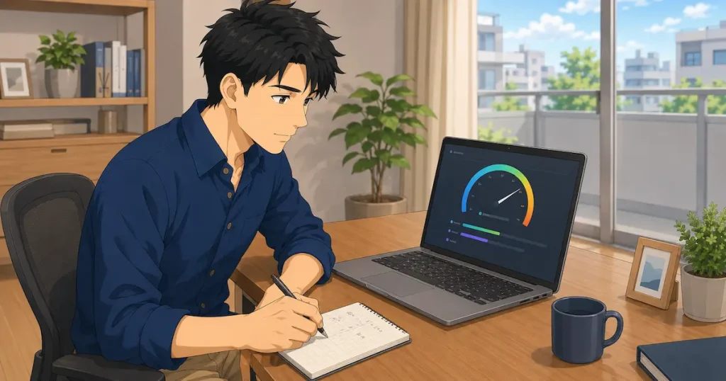 無料インターネットの速度を測定して結果をメモする男性