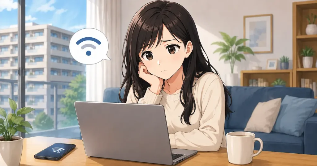 マンションでWi-Fiの速度が遅く困っている女性のイメージ画像