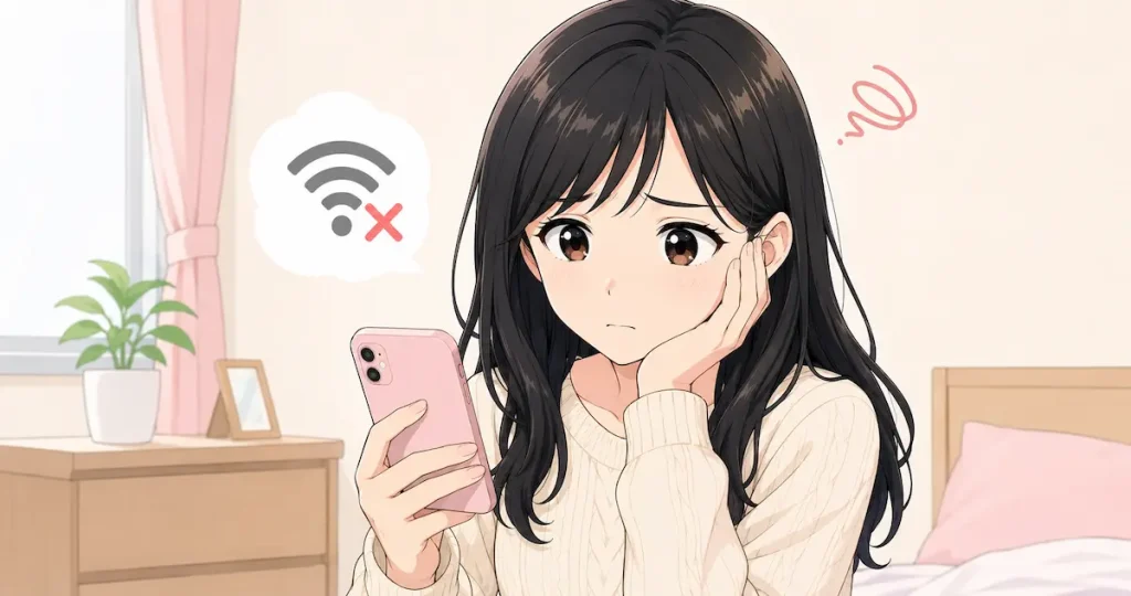 Wi-Fiが届かない部屋でスマホを見ながら困っている女性のイラスト