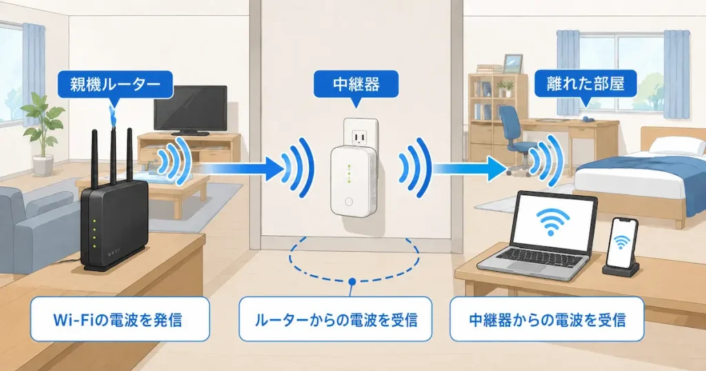 Wi-Fi中継器が親機ルーターの電波を受信し、離れた部屋へ中継する仕組みを示した図解